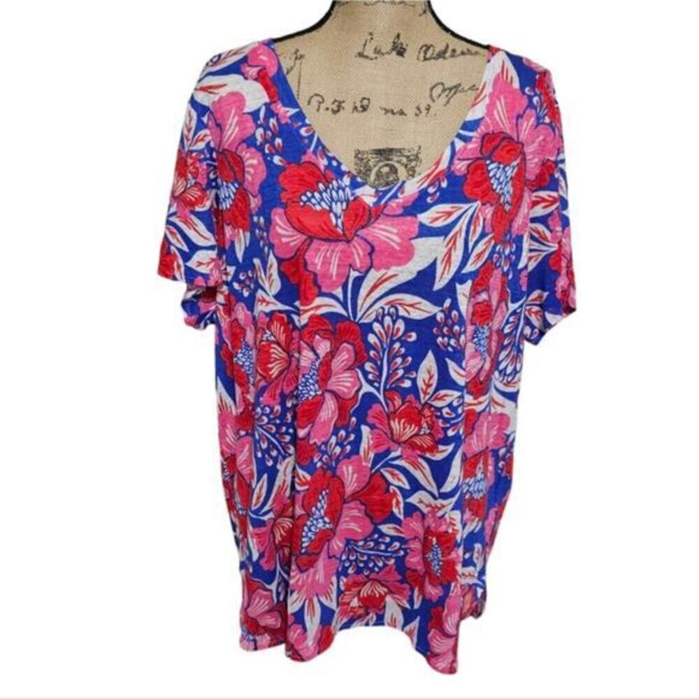 Sigrid Olsen Womens 2X Linen V-Neck T-Shirt Blue Pink Floral Tropical Knit Top‎